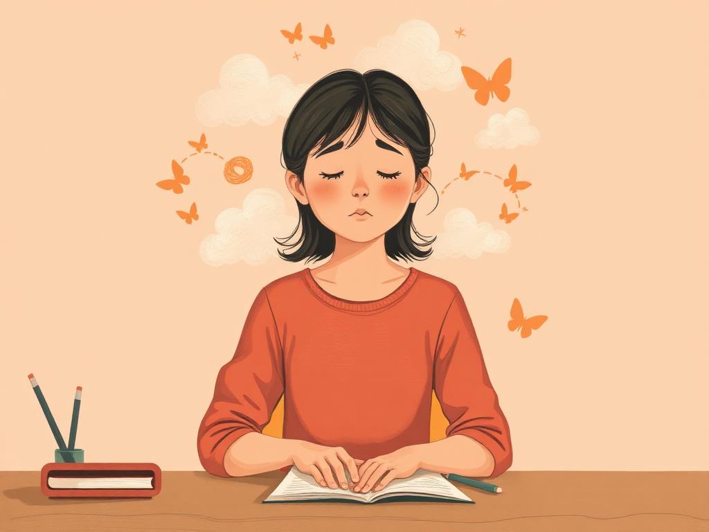 Ilustración de una adolescente con nubes y mariposas alrededor representando ansiedad
