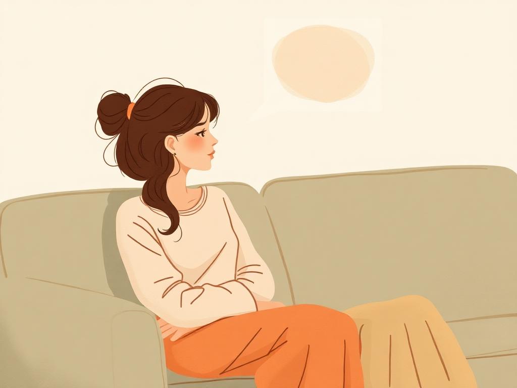 Ilustración cálida de una adolescente sentada en un sofá con una madre presente sin presionar