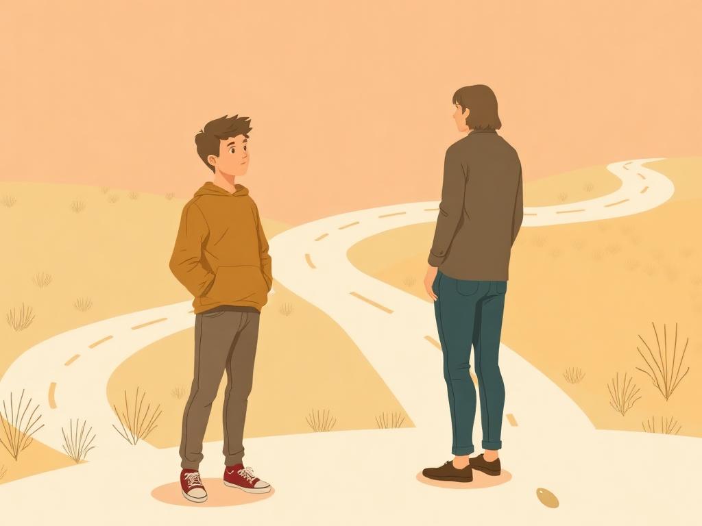 Ilustración de un joven adulto frente a un cruce de caminos con un padre acompañando como presencia tranquila