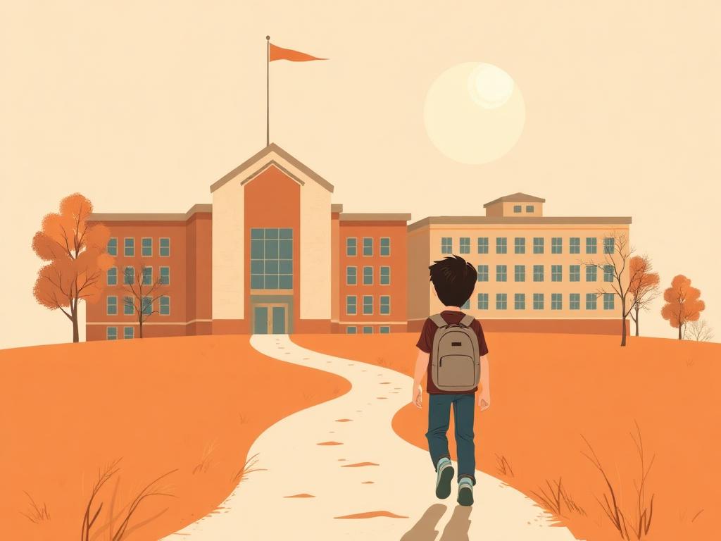 Ilustración de un adolescente con mochila caminando hacia un edificio escolar nuevo