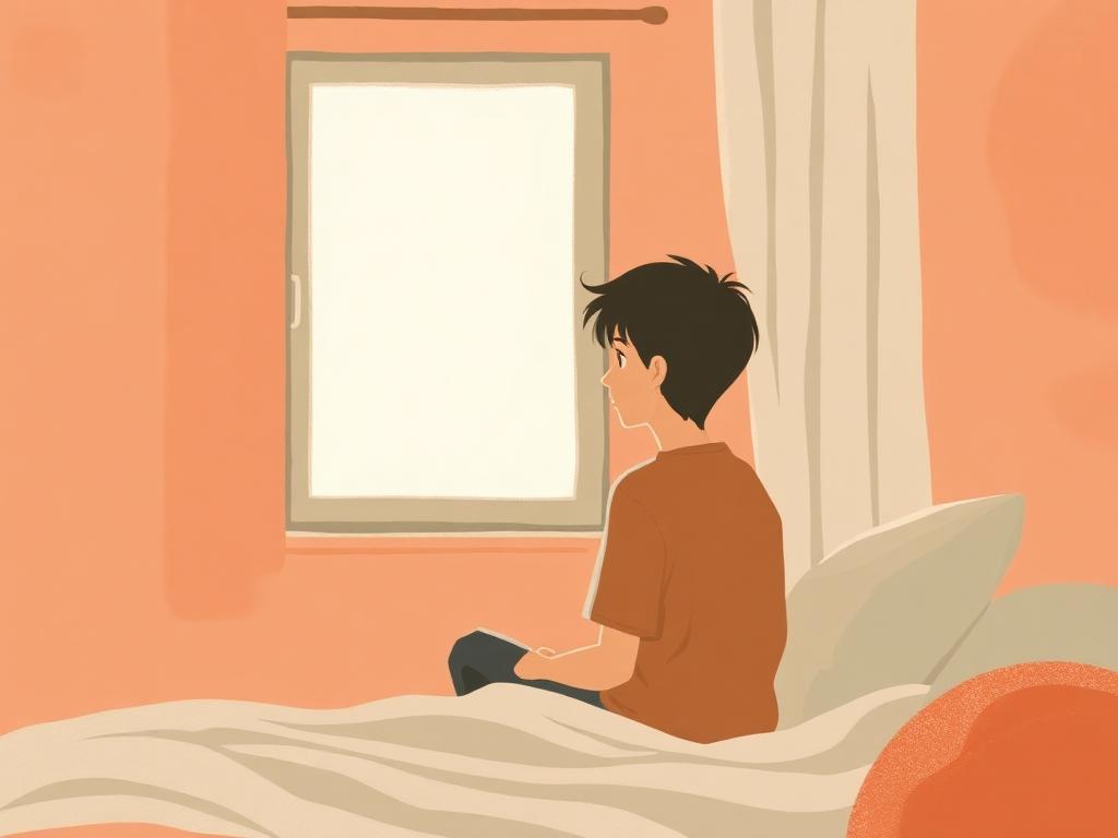 Ilustración cálida de un adolescente pensativo mirando por la ventana de su habitación