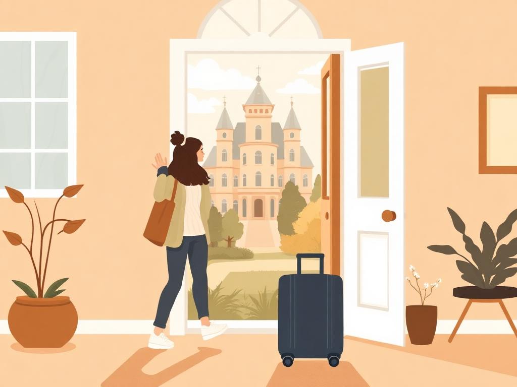 Ilustración de una joven con maleta saliendo de casa hacia un campus universitario